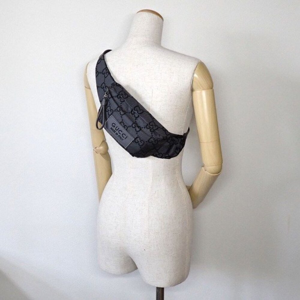 Gucci Belt Bag Large Facpm 1246 Dark Grey Black GG Nylon Leather Silver - Picture 9 of 10